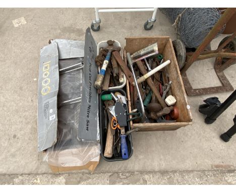 VARIOUS TOOLS - STILSONS, A MITRE SAW, HAMMERS ETC 