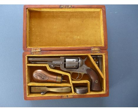 AN 1849 BELGIAN MADE "COLT" 32 CALIBRE SIX SHOT REVOLVER. 11 CM BARREL. IN A MAHOGANY FITTED CASE WITH POWDER FLASK, NIPPLE K
