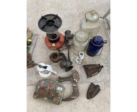 VINTAGE ITEMS - TWO GLASS SWEET JARS, TWO MINCERS, TWO FLAT IRONS ETC 