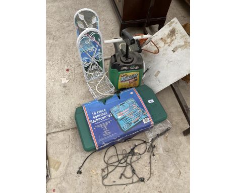 A BARBECUE SET, WORK LIGHT AND A HALL STAND 