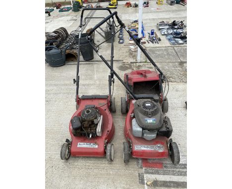 TWO LASER BY MOUNTFIELD PETROL ROTARY LAWNMOWERS - FOR SPARES OR REPAIR 