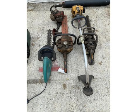 A PETROL CHAINSAW, A JCB PETROL STRIMMER, A STIHL HS94 PETROL HEDGE TRIMMER, A ROBIN PETROL HEDGE TRIMMER AND AN ELECTRIC HED