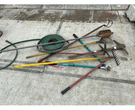 VARIOUS GARDEN TOOLS - HOSE, PICK AXE ETC 