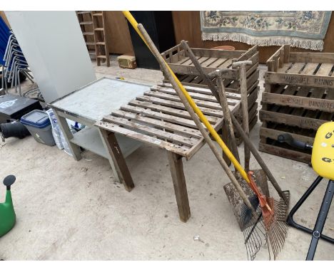 TWO TABLES AND VARIOUS GARDEN TOOLS 