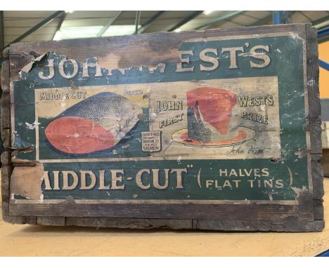 A VINTAGE 'JOHN WESTS SALMON' ADVERTISING CRATE 