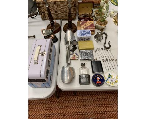 VARIOUS ITEMS TO INCLUDE A HIP FLASK, PICKLE FORKS, VW CAMPER VAN CASE, CANDLESTICKS ETC 