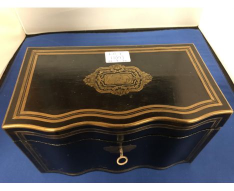 A 19TH CENTURY EBONY TEA CADDY WITH BRASS BOULE WORK INLAY AND CARTOUCHE. WITH MAHOGANY INTERIOR WITH ALL LIDS PRESENT. 17 X 