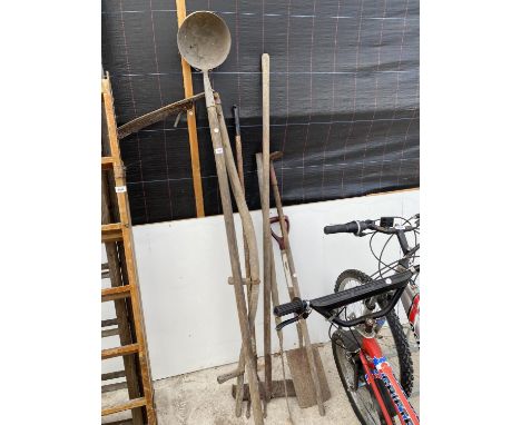 VARIOUS VINTAGE TOOLS - A SCYTHE, DRAIN SCOOP ETC 