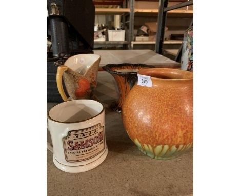 THREE CERAMIC JUGS AND A VASE, ONE SUDLOW POTTERY, ONE SAMFORD ETC. 