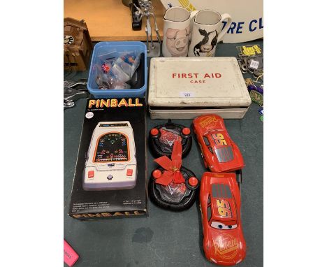 MIXED ITEMS TO INCLUDE VINTAGE FIRST AID KIT, CARS, PIN BALL MACHINE ETC. 
