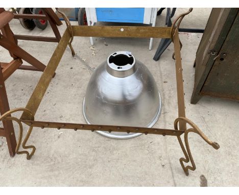 A VINTAGE METAL TABLE BASE AND AN ALUMINIUM INDUSTRIAL LIGHT SHADE 