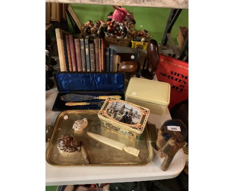 VARIOUS ITEMS TO INCLUDE A BOXED EPNS FISH SLICE AND FORK, BOOKS, WOODEN ELEPHANT, TINS ETC 