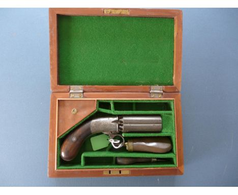 A J R COOPER SIX SHOT 36 CALIBRE PERCUSSION CAP PEPPER BOX PISTOL, 8 CM BARREL (LACKING HAMMER) IN A FITTED CASE WITH POWDER 