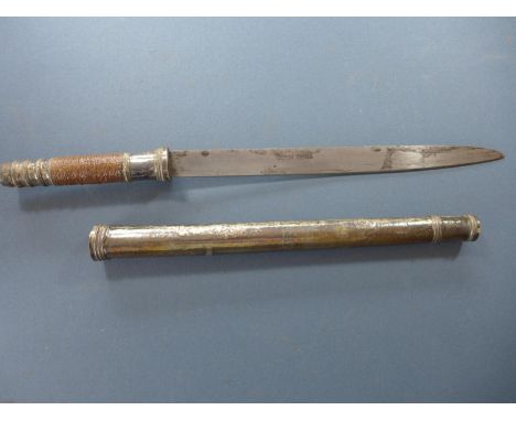 A BURMESE KNIFE WITH DECORATIVE WHITE METAL GRIP AND SCABBARD - 30 CM BLADE 