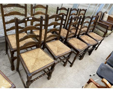 TEN OAK LADDER BACK DINING CHAIRS WITH RUSH SEATS 