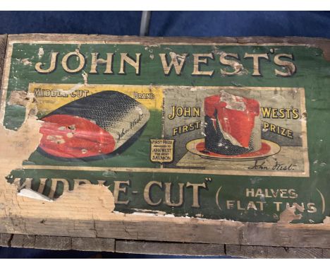 A LARGE VINTAGE JOHN WESTS SALMON WOODEN BOX 