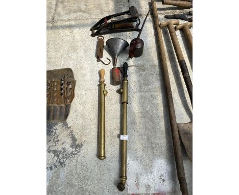 VARIOUS VINTAGE ITEMS - TWO BRASS SPRAYERS, TWO OIL CANS, FUNNEL, SCALES AND FOOT PUMP 