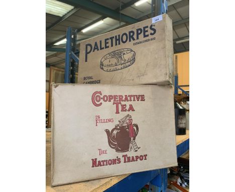 TWO VINTAGE ADVERTSING BOXES CO OPERATIVE TEA AND PALETHORPES SAUSAGES 