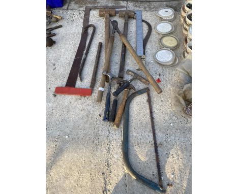 VARIOUS TOOLS - TWO SLEDGEHAMMERS, HAMMERS, SET SQUARES ETC 