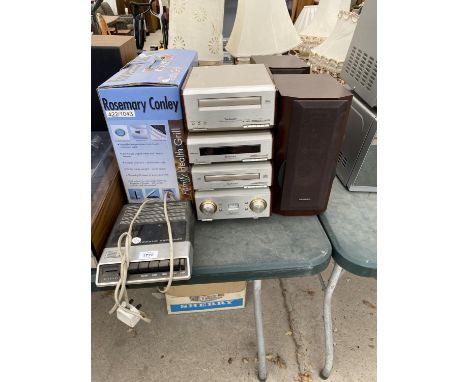 A TAPE RECORDER, A TECHNICS MINI HI-FI SYSTEM WITH SPEAKERS AND A ROSEMARY CONLEY GRILLING MACHINE 