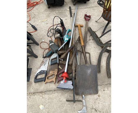 VARIOUS TOOLS - SHOVEL, FORK, SAWS, DRILL ETC 