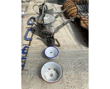 TWO GALVANISED WATERING CANS, TWO ENAMEL BOWLS AND A BLOW TORCH 