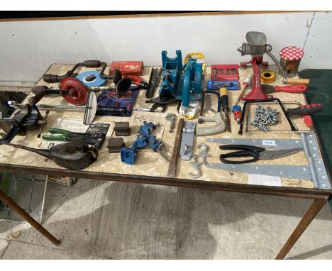 VARIOUS TOOLS AND HARDWARE - DRILL BRACES, HINGES ETC 