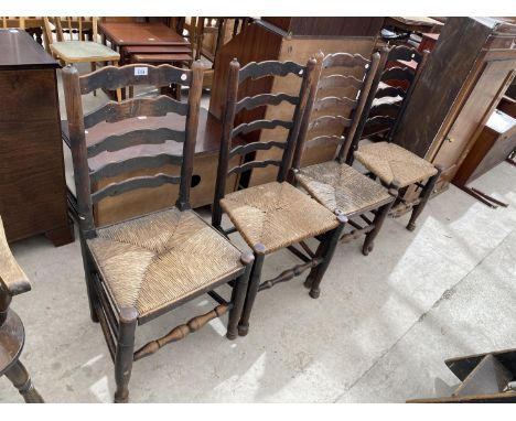 FOUR LADDER BACK OAK DINING CHAIRS WITH RUSH SEATS 