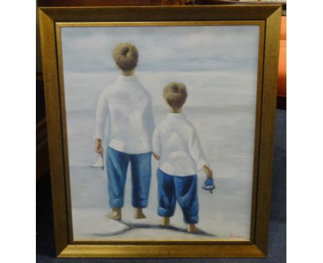 A modern signed seascape together with another 'Two Children on a Beach' (2).