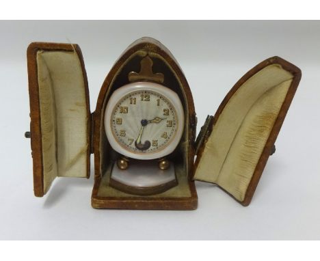 Breuet, a 1930/40's table clock with pink mother of pearl dial and travel case.