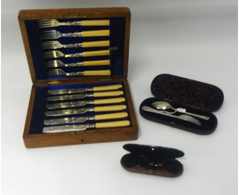 A Victorian silver spoon and fork set, cased, pair eye glasses, a John Biggins set of fish eaters, cased.