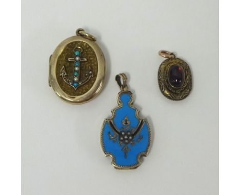 An enamelled and seed pearl set locket with 'anchor' decoration, two other lockets including gold, also a rolled gold bangle,
