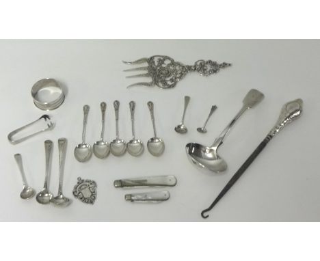 Continental ornate silver bread fork (import marks) other flat ware including small victorian ladle and fruit knives (approx 