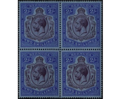 1931 (Jul.) 2/- purple and blue on grey-blue paper mint block of four, hinged on top pair only, light toning on reverse. Top 