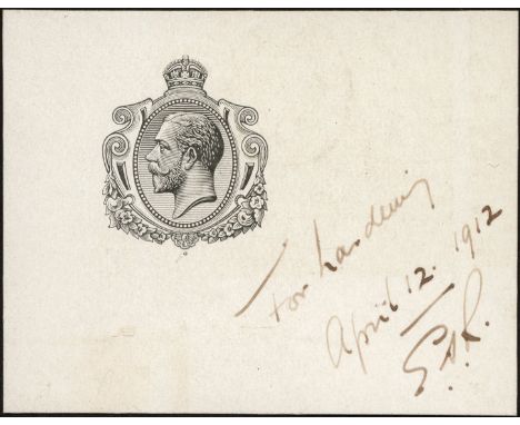 1912 Die Proof of the vignette in black on glazed card (62 x 48mm) with manuscript 'For hardening April 12 1912 E.D.R.' (Evel