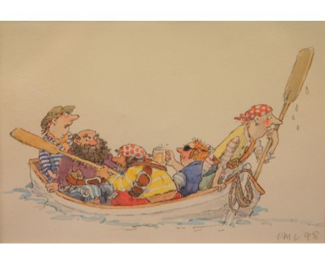 PRISCILLA LAMONT (B. 1948) - All at Sea, ink and wash drawing, signed and dated '98, an illustration for Sailing Days, Amy Mc