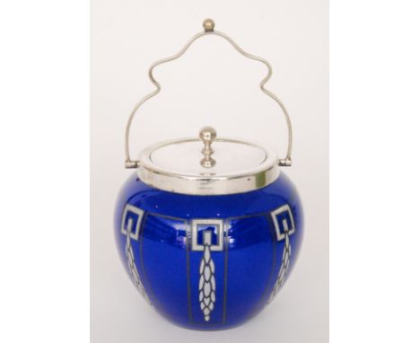 A late 19th Century Continental blue glass biscuit barrel of ovoid form, enamel decorated in the Secessionist style with styl