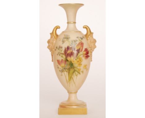 A Royal Worcester shape 1716 blush ivory vase decorated with tulips and spring flowers with gilt detailing, the twin handles 