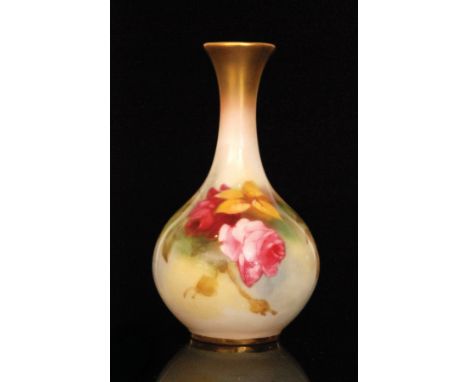 A small Royal Worcester vase of globe and shaft form decorated with hand painted crimson and pink roses amidst foliage, puce 