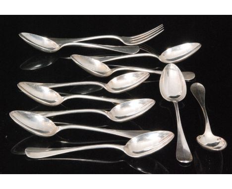 Ten 19th Century French silver plated table spoons, Old Baguette pattern, together with a matching fork, each stamped Christo