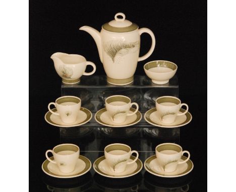 A Susie Cooper Falcon shape teaset set decorated in the 2349 Green Feather pattern comprising coffee pot, six teacups and sau
