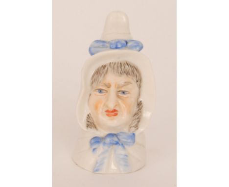 A Royal Worcester candle snuffer extinguisher modelled as Mrs Caudle, green mark with date code for 1903, height 7cm