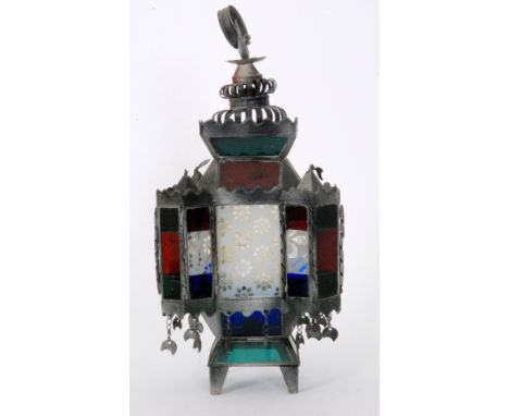 An 20th Century black metal and multi coloured glass hanging hall lantern, height 50cm. 