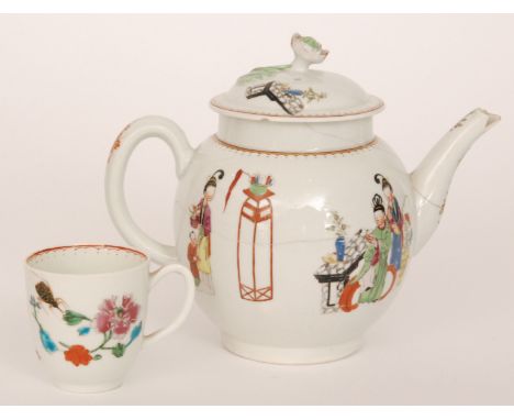 A late 18th Century Worcester Chinoiserie teapot of silver ovoid form decorated with polychrome enamel Chinese figures, the k