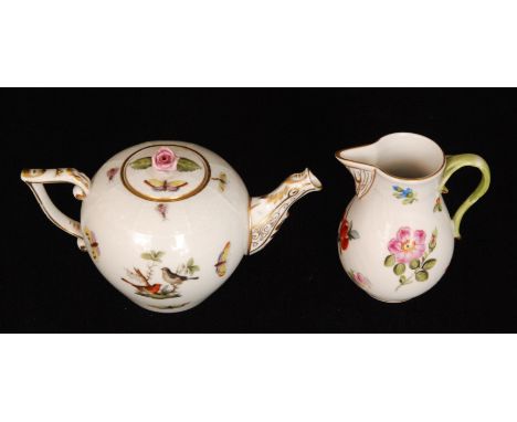 A small Herend ovoid teapot decorated with birds perched on branches with butterflies and insects, the knop formed as a rose,