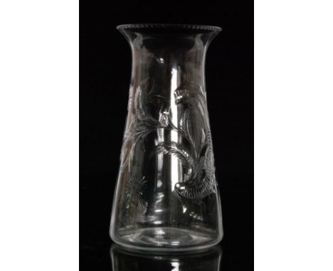 A 1930s Thomas Webb & Sons clear crystal vase of tapered cylindrical form with a flared collar neck, polished intaglio cut wi