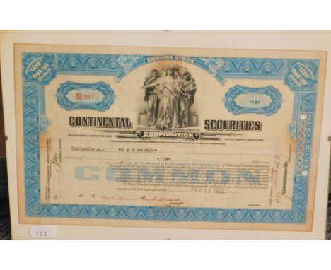 A 1913 Chinese Government share certificate No 404940, framed 43cm x 32cm, two share certificates for the railway dated 1922 