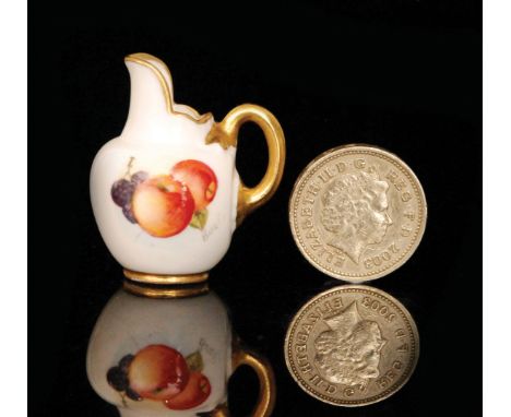 A miniature Royal Worcester flatback jug decorated by Burt with hand painted peaches and grapes, signed, puce mark with date 