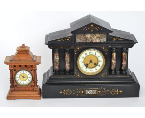 A Victorian slate marble mantle clock of architectural pillared form, eight day movement, width 45cm, together with a similar