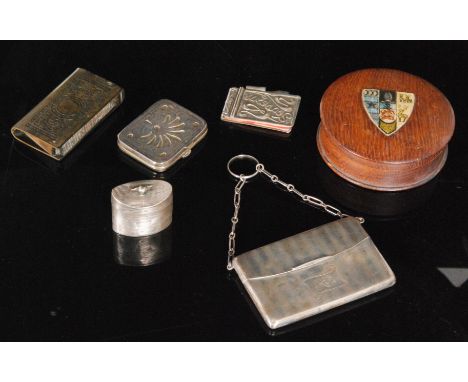 A hallmarked silver rectangular card case with engine turned decoration and carrying chain, with a French silver small box an